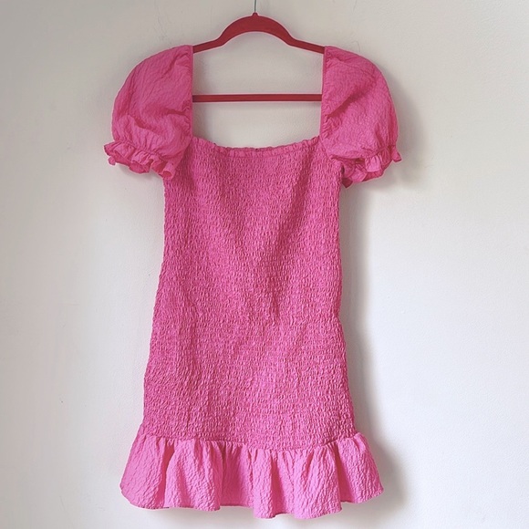 ZARA Barbie Core Pink Square Neck Dress with Puff Sleeves Flounced Hem M - Picture 2 of 12